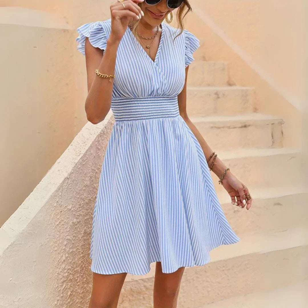 Ailani Robe Femme – Elegant Striped Dress with Ruffled Sleeves & Feminine Summer Cut