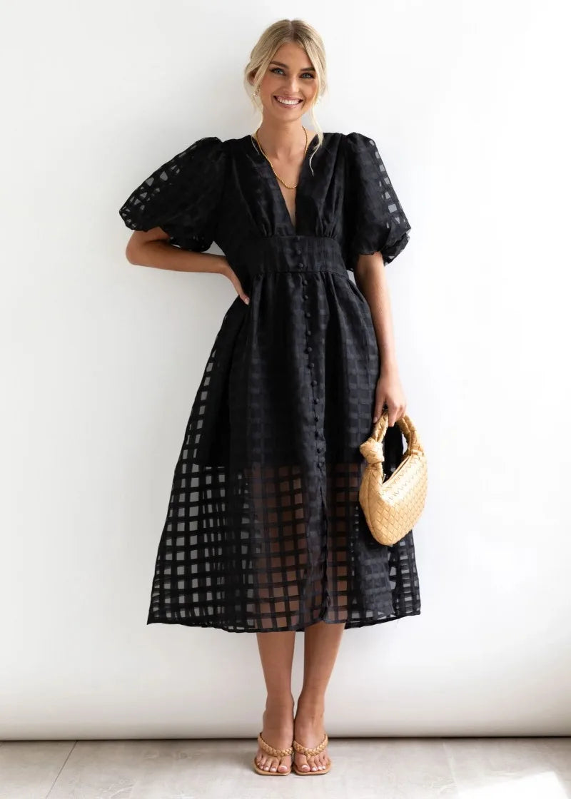 Mylene Midi Dress Woman – Chic Checkered Dress with Volume & Bright Color
