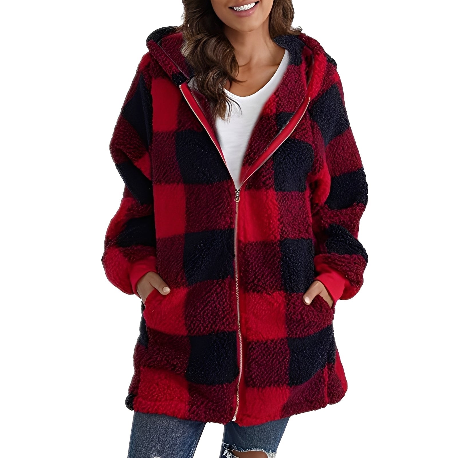 Madison Plaid Hoodie Jacket for Women – Soft and Warm Coat with Comfortable Fit and Trendy Plaid Design