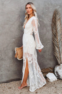 Long Dress Women Nemia – White Bohemian Lace Dress with Deep V-neck & High Slit
