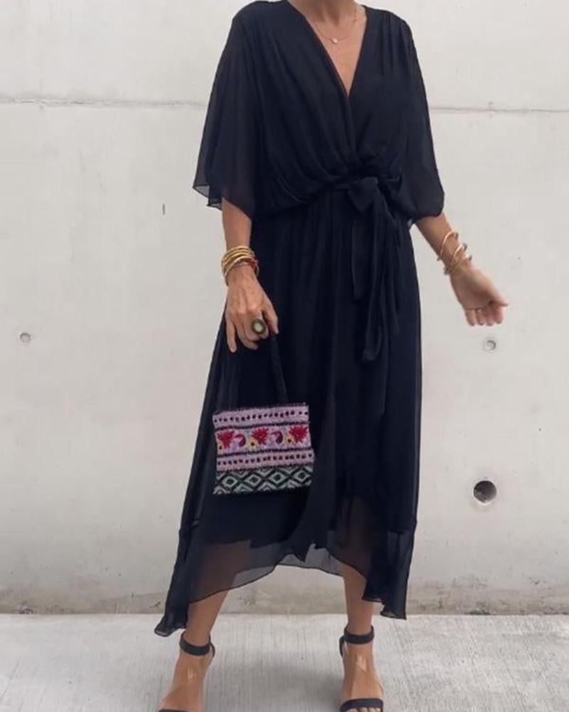 Robe Femme Cristi – Elegant Wrap Dress with Batwing Sleeves & Asymmetric Hem