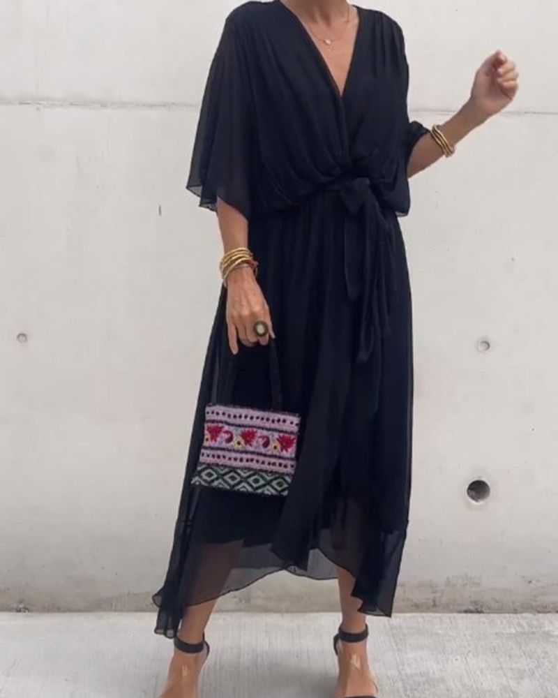 Robe Femme Cristi – Elegant Wrap Dress with Batwing Sleeves & Asymmetric Hem