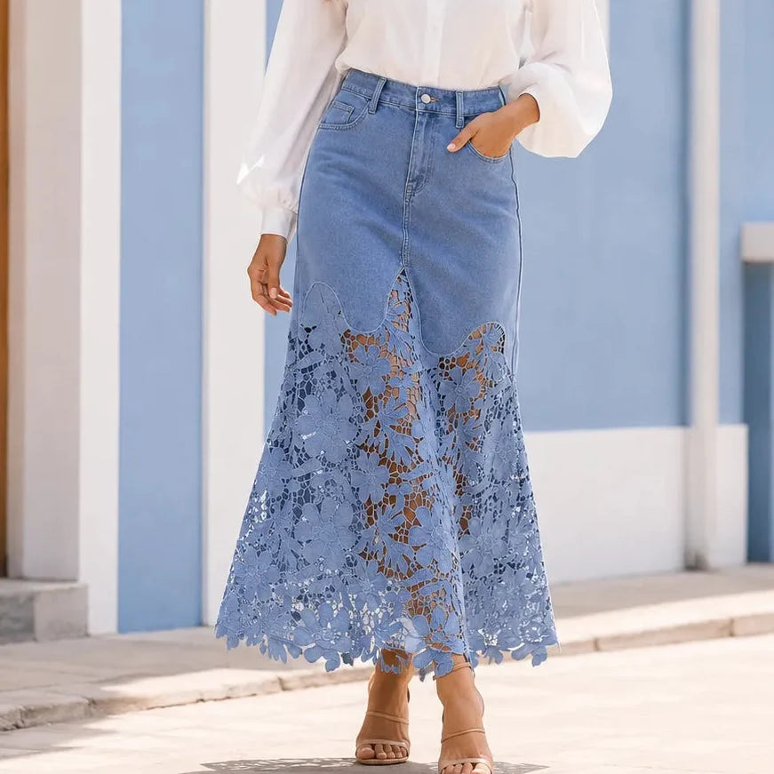 Florenza – Floral lace hem high waist denim maxi skirt with pockets