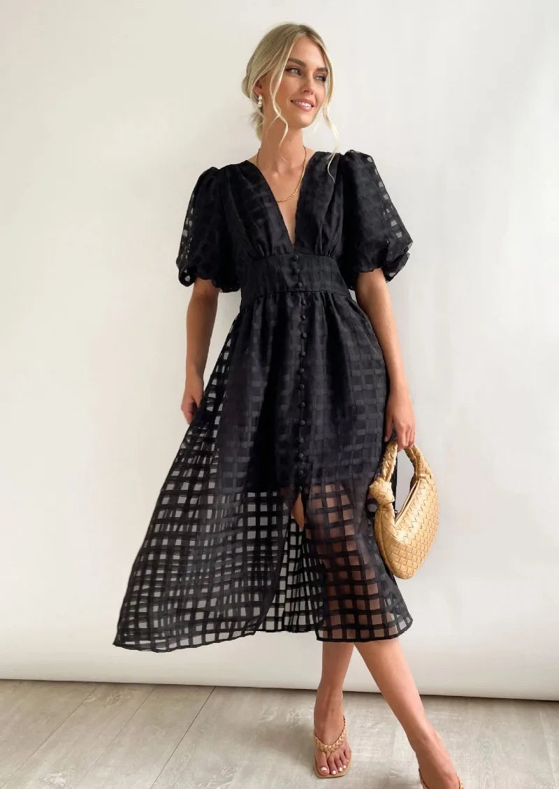 Mylene Midi Dress Woman – Chic Checkered Dress with Volume & Bright Color
