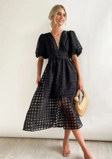 Mylene Midi Dress Woman – Chic Checkered Dress with Volume & Bright Color