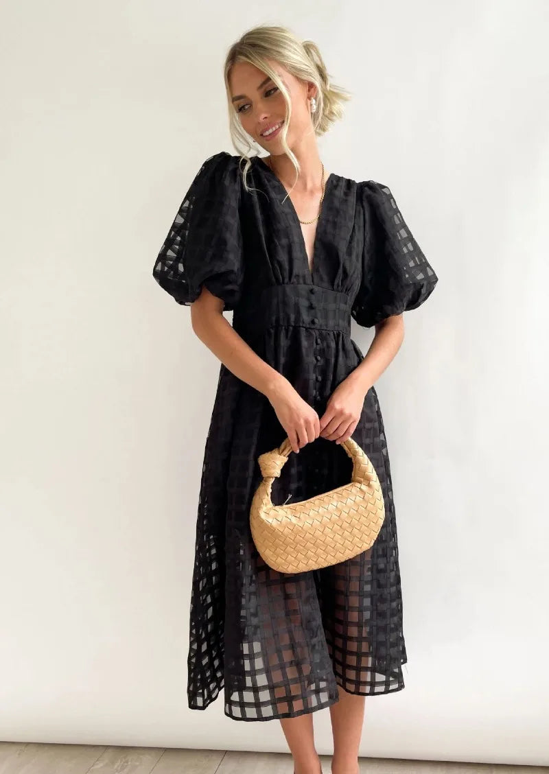 Mylene Midi Dress Woman – Chic Checkered Dress with Volume & Bright Color