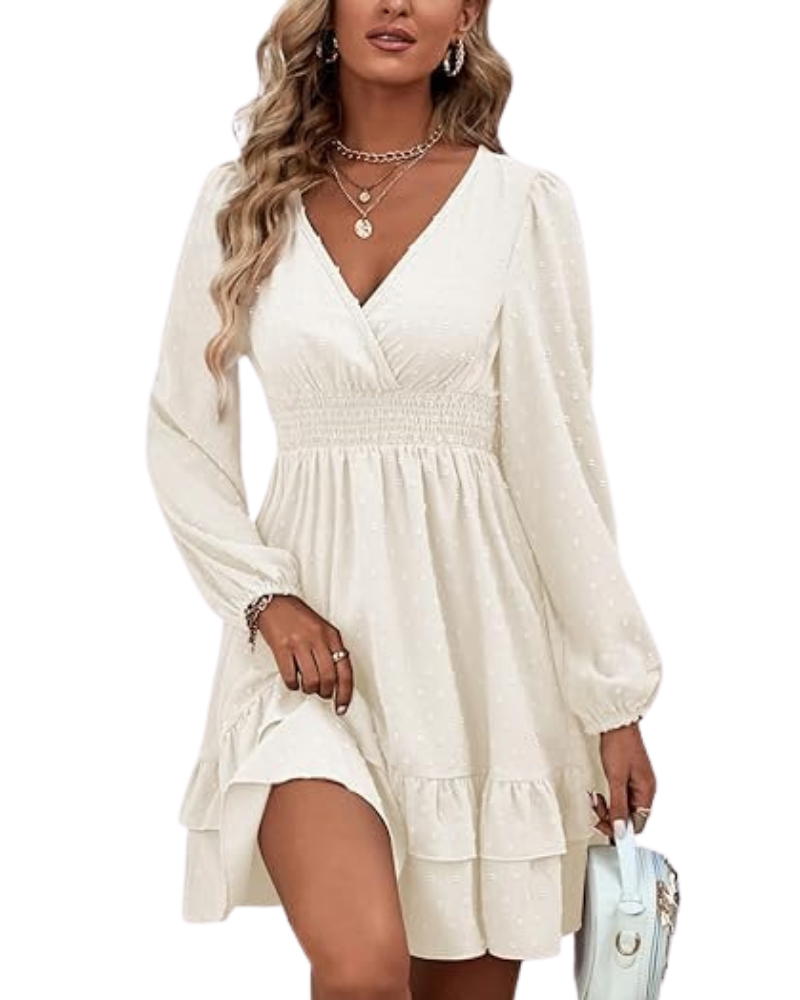Rini Women's Short Dress – V-Neck, Puff Sleeves & Ruffles A-Line Boho Summer
