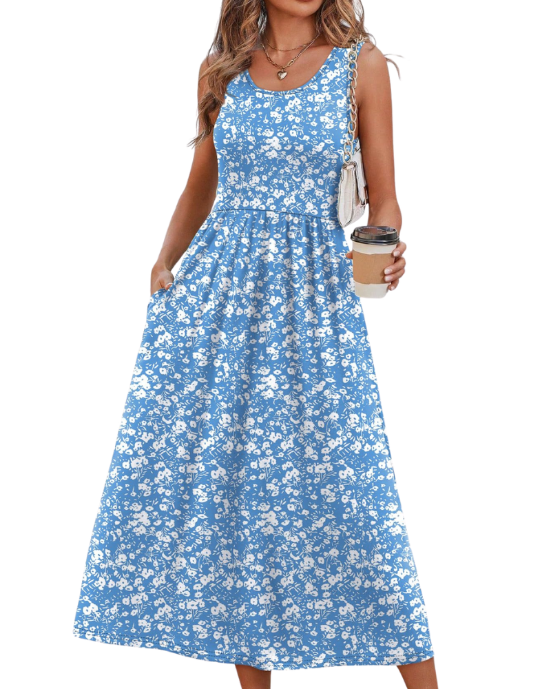 Jensy Midi Dress for Women – Flowing A-Line Dress with Pockets, Empire Waist & Elegant Summer Cut