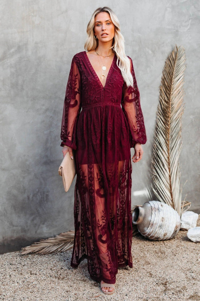 Long Dress Women Nemia – White Bohemian Lace Dress with Deep V-neck & High Slit