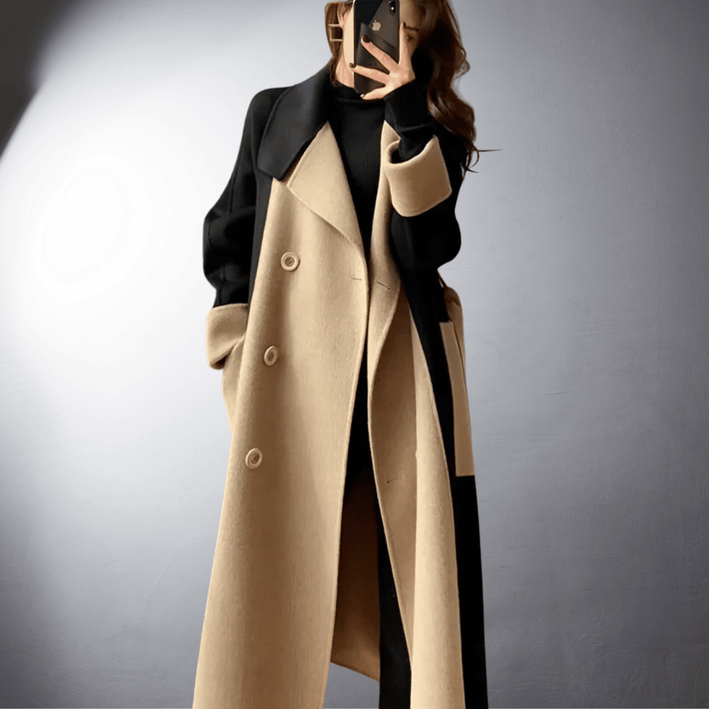 Tanya Women's Coat – Straight Cut Two-Tone with Front Closure & Mid-Thigh Length Winter