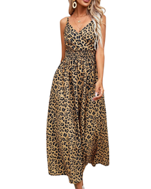 Carmie Robe Femme Léopard Maxi – Bretelles, Dos Nu, Col V, Coupe A-Line Été