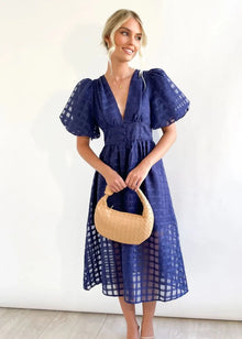 Mylene Midi Dress Woman – Chic Checkered Dress with Volume & Bright Color