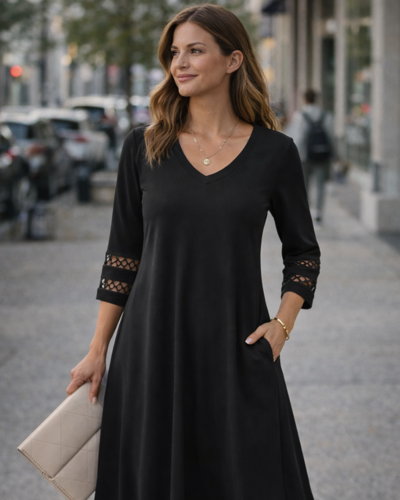 Rummi Women's Dress – V-Neck, 3/4 Lace Sleeves & A-Line Midi Cut with Pockets