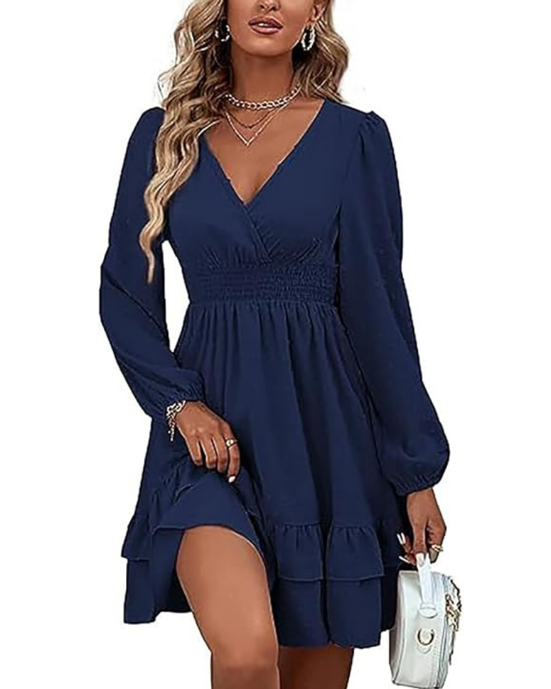 Rini Women's Short Dress – V-Neck, Puff Sleeves & Ruffles A-Line Boho Summer