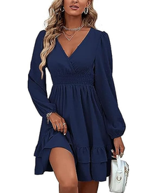 Rini Women's Short Dress – V-Neck, Puff Sleeves & Ruffles A-Line Boho Summer