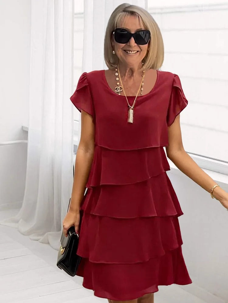 Giselle Midi Dress Woman – Fluid Chiffon Dress with Asymmetric Hem, Layered & Elegant