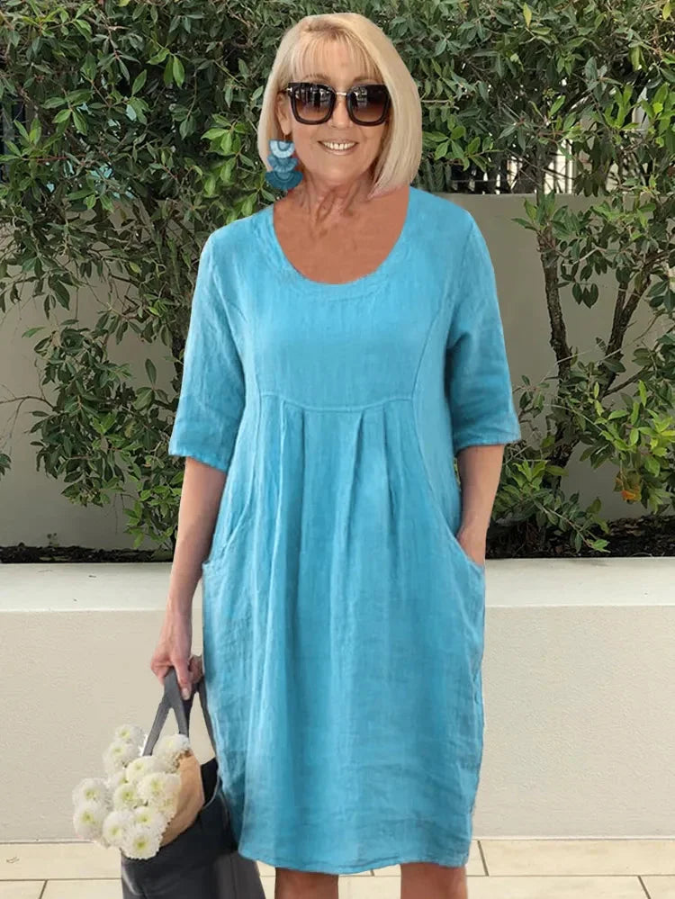 Dorothy Robe Femme – Solid Cotton-Linen Midi Tunic with Practical Pockets & Casual Style