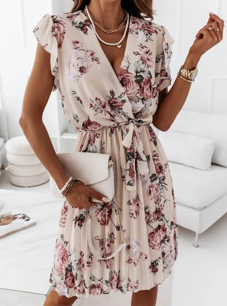 Stephanie Summer Dress Woman – Sleeveless Pleated Dress with Floral Print and High Waist for Elegant Comfort