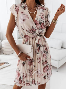 Stephanie Summer Dress Woman – Sleeveless Pleated Dress with Floral Print and High Waist for Elegant Comfort