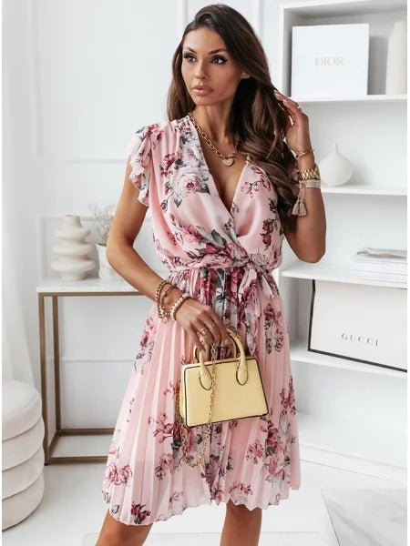 Stephanie Summer Dress Woman – Sleeveless Pleated Dress with Floral Print and High Waist for Elegant Comfort