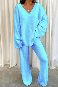 Rivka Women's Ensemble – Oversize Lounge Outfit with V-Neck Sweater & Comfortable Wide Pants