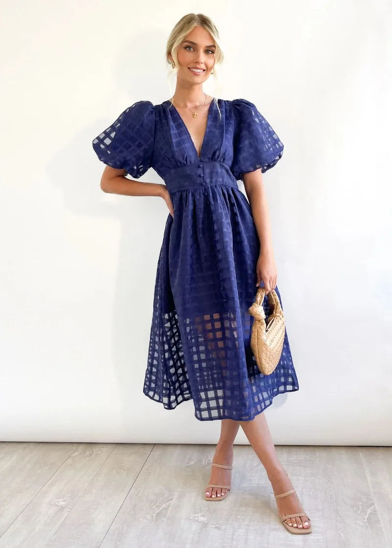 Mylene Midi Dress Woman – Chic Checkered Dress with Volume & Bright Color