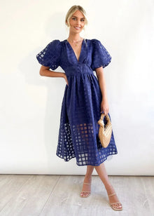 Mylene Midi Dress Woman – Chic Checkered Dress with Volume & Bright Color