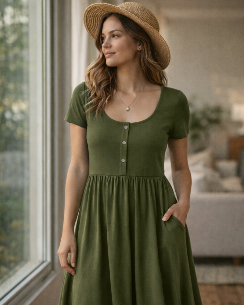 Maloi Women's Dress – Round Neck, A-Line Midi Cut & Elastic Waist with Pockets Summer