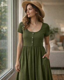 Maloi Women's Dress – Round Neck, A-Line Midi Cut & Elastic Waist with Pockets Summer