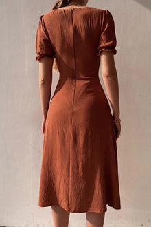 Meryl Mid-Length Dress Woman – Flared Dress with V-Neck with Decorative Buckle & Short Sleeves