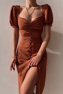 Meryl Mid-Length Dress Woman – Flared Dress with V-Neck with Decorative Buckle & Short Sleeves