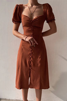 Meryl Mid-Length Dress Woman – Flared Dress with V-Neck with Decorative Buckle & Short Sleeves