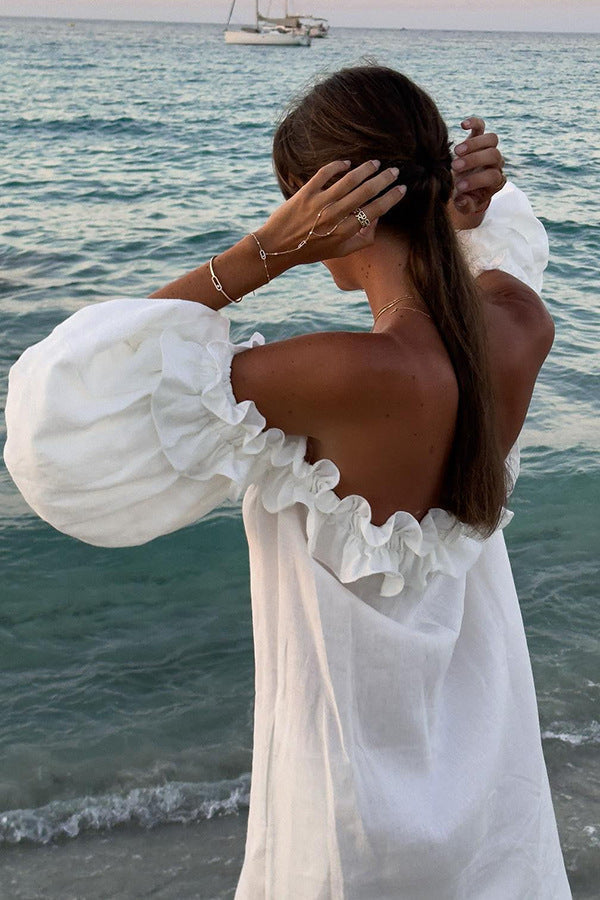 Valentina Maxi Dress Woman – Boho Dress Off-Shoulder Cotton with Ruffles & Bardot Neckline