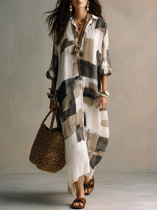 Boho Abstract Print Button-Front Relaxed Fit Maxi Dress