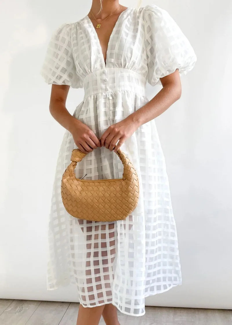 Mylene Midi Dress Woman – Chic Checkered Dress with Volume & Bright Color