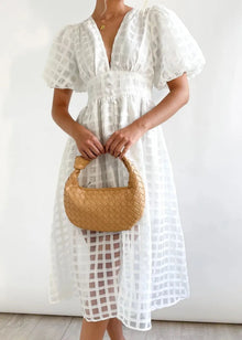 Mylene Midi Dress Woman – Chic Checkered Dress with Volume & Bright Color