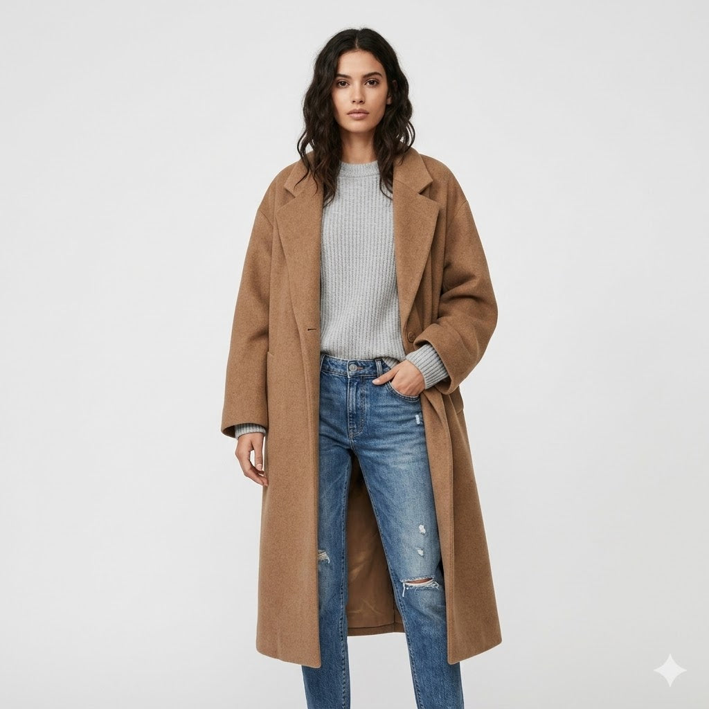 Amélie Laurent | Oversized Wool Blend Long Coat For Women