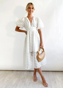 Mylene Midi Dress Woman – Chic Checkered Dress with Volume & Bright Color