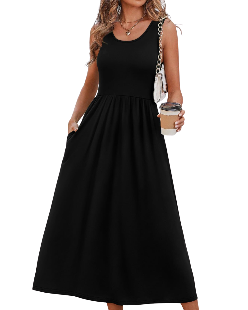 Jensy Midi Dress for Women – Flowing A-Line Dress with Pockets, Empire Waist & Elegant Summer Cut