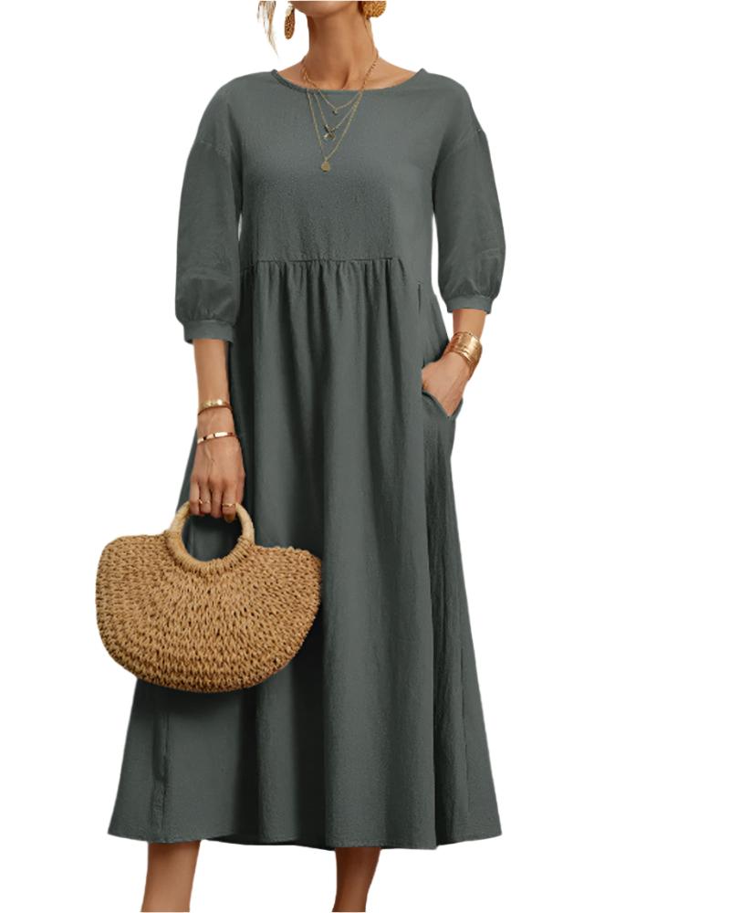 Flore Midi Dress Women – Breathable Cotton Linen, Round Neck, Lantern Sleeves, Summer Comfort
