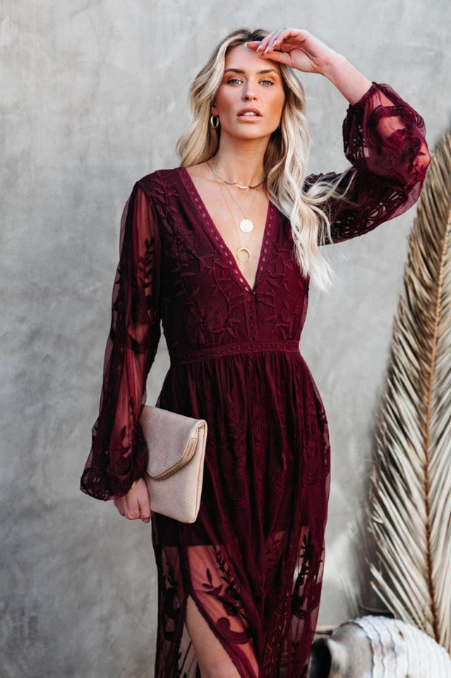 Delilah Long Dress Women – Bohemian Summer Dress with Lace, Deep V Neckline & High Slit