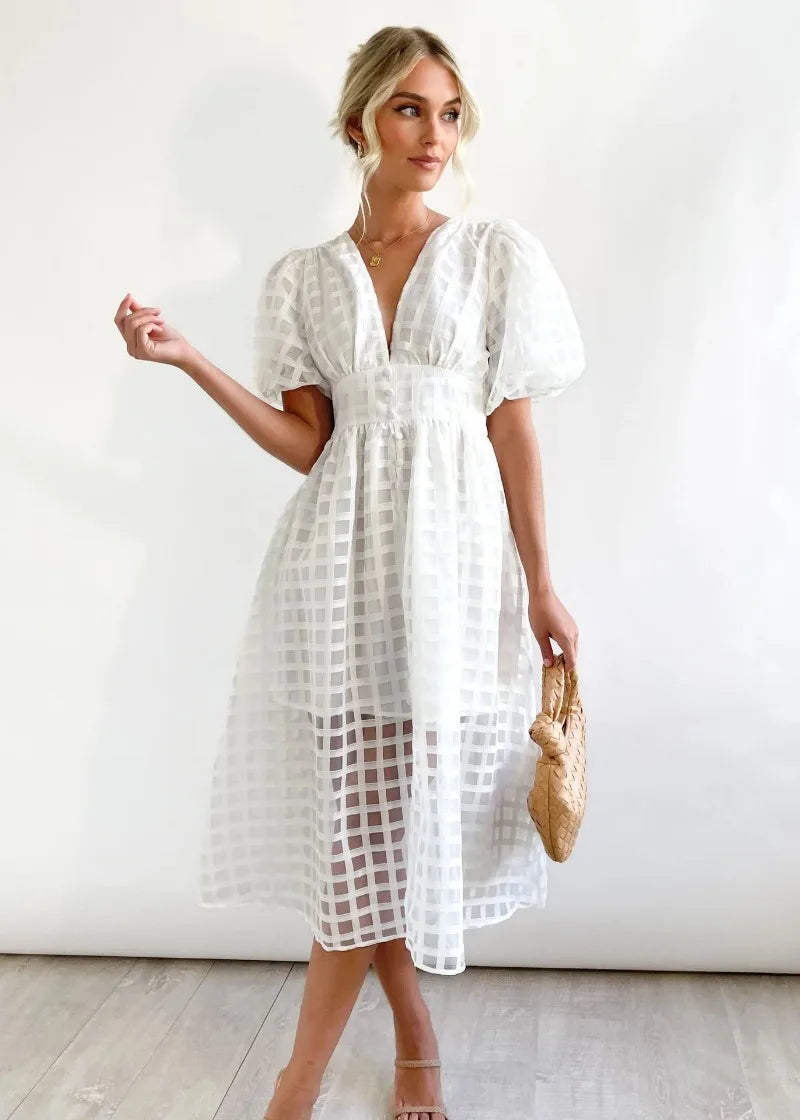 Mylene Midi Dress Woman – Chic Checkered Dress with Volume & Bright Color