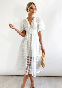 Mylene Midi Dress Woman – Chic Checkered Dress with Volume & Bright Color