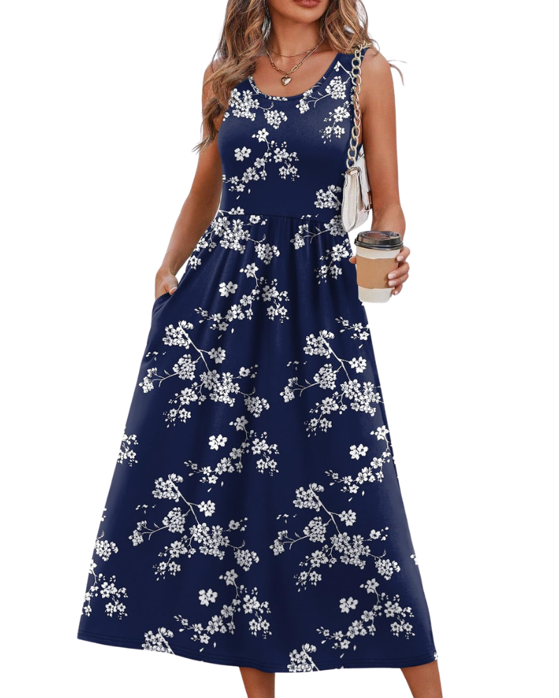 Jensy Midi Dress for Women – Flowing A-Line Dress with Pockets, Empire Waist & Elegant Summer Cut