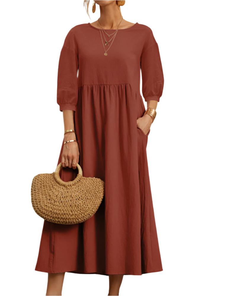 Flore Midi Dress Women – Breathable Cotton Linen, Round Neck, Lantern Sleeves, Summer Comfort