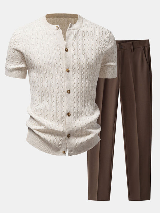 Twisted Jacquard Crew Neck Button Up Knit Shirt & Slim Fit Tapered Trousers