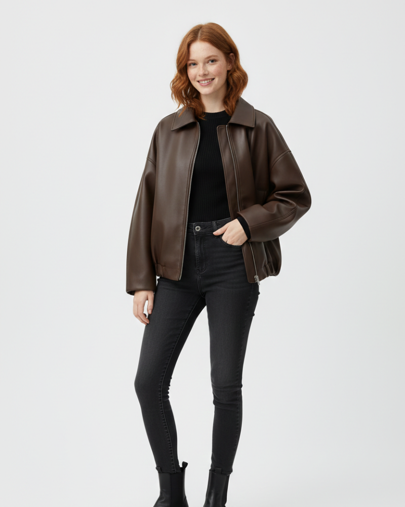 Nina Oversized Jacket for Women – Front Zipper, Built-in Belt & Modern Leather Style