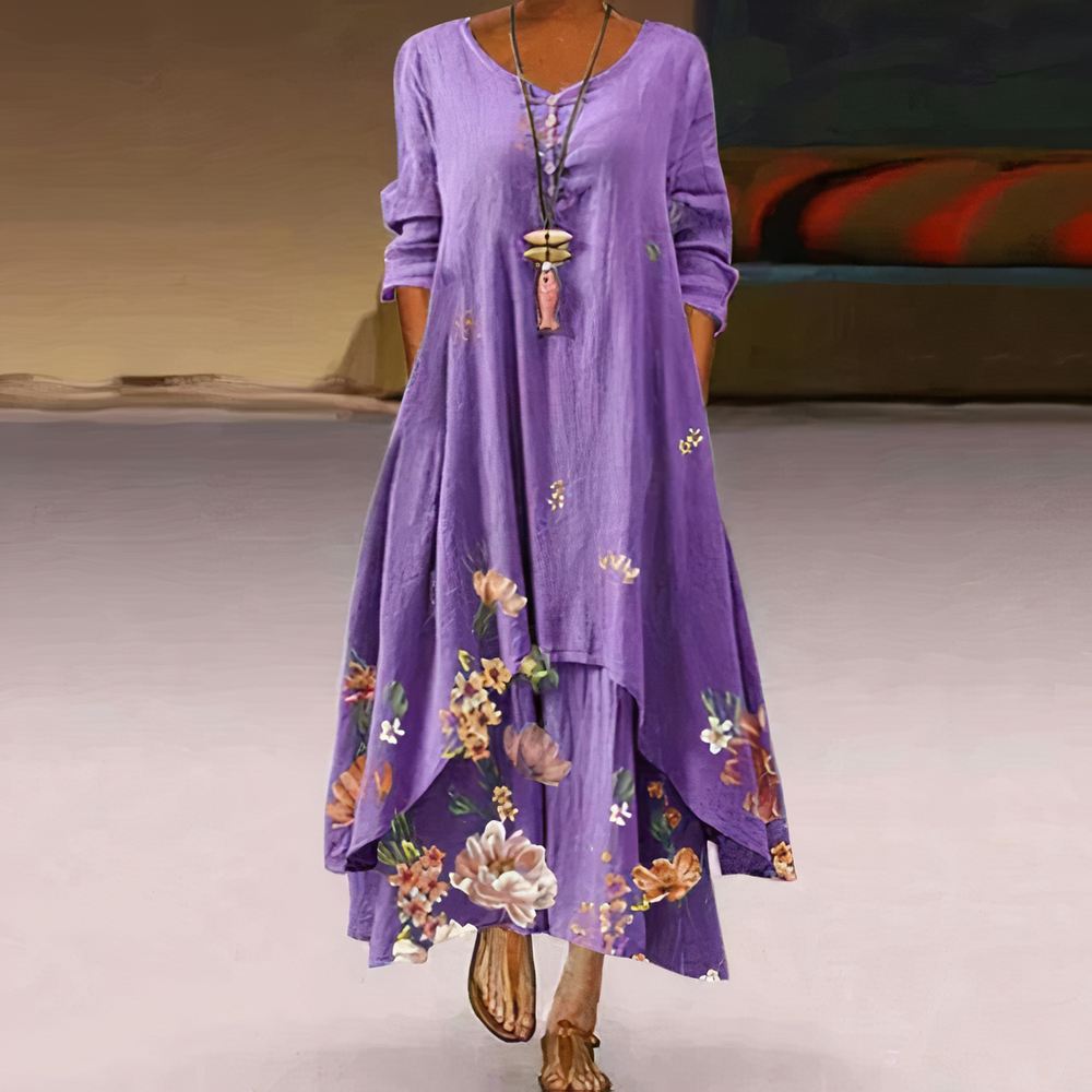 Long Dress Woman Tania – Elegant Floral Dress with Embroidery & Slit for a Summer Look