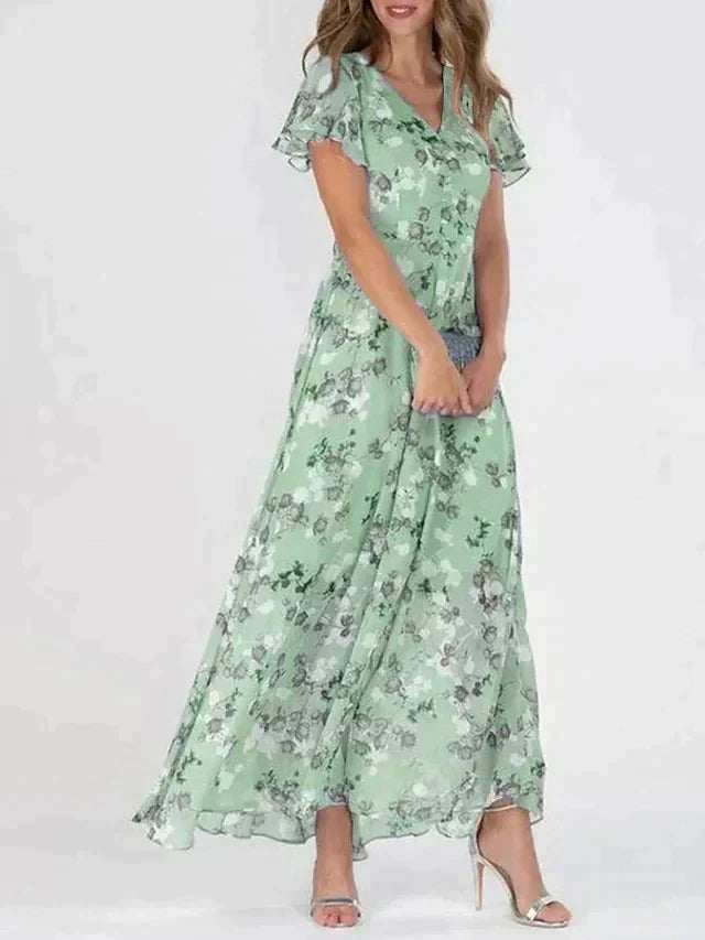 Irene Robe Maxi Femme – Flattering V Neck, Light Floral Print & Comfortable Fit