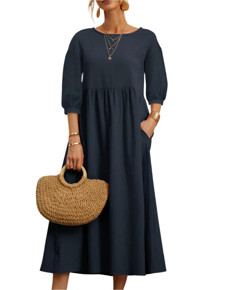 Flore Midi Dress Women – Breathable Cotton Linen, Round Neck, Lantern Sleeves, Summer Comfort